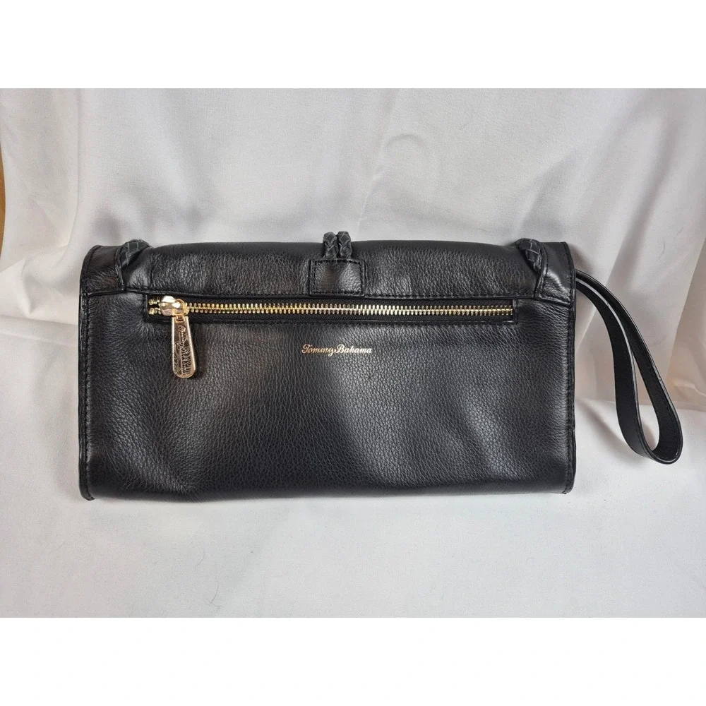 Tommy Bahama Soft Black Leather Clutch Wristlet Braided Trim‎ Large Envelope
